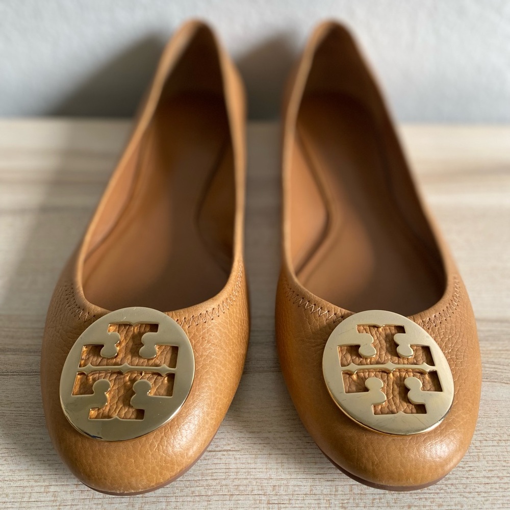 Tory Burch Reva Ballet Flats Leather Royal Tan Size 12 - Picture 2 of 16